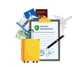 Travel insurance policy with passport, flight ticket, plane and yellow suitcase. Safe plane trip and signed contract