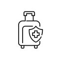 Travel insurance. Wheeler suitcase for airplane trip. Pixel perfect, editable stroke icon