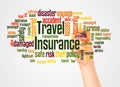 Travel insurance word cloud and hand with marker concept Royalty Free Stock Photo