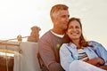 Travel, investment and luxury with couple on yacht for success, relax and wealth on retirement trip. Travel, love and