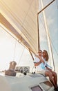 Travel, investment and luxury with couple on yacht for success, relax and wealth on retirement trip. Rich, love and ship