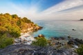 Travel island Koh Lipe sea beach top view point with kayak boat and sunset blue cloud sky background landscape in Thailand