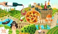 Travel in italy symbols, rome and italian architecture, food and people tourism elements landmarks, pisa tower, venice