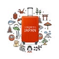 Travel Japan Concept with Realistic Detailed 3d Red Suitcase. Vector Royalty Free Stock Photo
