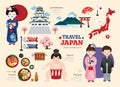 Travel Japan flat icons set. Japanese element icon map and landmarks symbols and objects collection Royalty Free Stock Photo