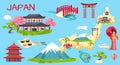 Travel Japan infographic, Japan lettering and famous landmarks. Discover East Asia concept