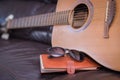 Travel journal with acoustic guitar Royalty Free Stock Photo