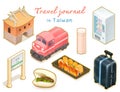 Travel Journal in Taiwan collection, Gua bao, vending machine, salmon sushi, Alishan railway, luggage, The north gate isometric Royalty Free Stock Photo