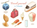 Travel Journal in Taiwan collection, ropeway, Queen`s head, high speed rail, sky lantern, ice cream, luggage bag, sausage, drink c Royalty Free Stock Photo