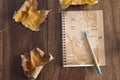 Travel journal on wood table