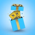Travel, Journey or Business Fly Concept. Cartoon Stylized Airline Boarding Pass Airplane Tickets in Blue Gift Box with Golden