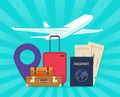 Travel and journey time banner for airplane trip and vocation luggage bags vector flat cartoon illustration, flight agency design