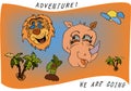 Travel kids cartoon with a lion, rhino and palm trees with the sun