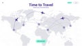 Travel Landing Page Concept. World Travel Map Template with Airplane and Route Destination. Violet futuristic Halftone Dots