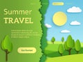 Travel landing page. holiday travelling mobile reservation web app design with paper recreation horizon landscape vector Royalty Free Stock Photo