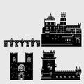 Travel landmark Portugal elements. Flat architecture and building icons Tower Belem, Sintra castle Pena Palace, aqueduct of freedo