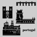 Travel landmark Portugal elements. Flat architecture and building icons Tower Belem, Sintra castle Pena Palace, aqueduct of freedo