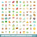 100 travel and landmarks icons set, cartoon style Royalty Free Stock Photo