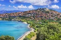 Travel in Lesvos island - view of beautiful Molyvos Molivos town. Best of Greece Royalty Free Stock Photo