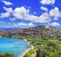 Travel in Lesvos island - view of beautiful Molyvos Molivos town. Best of Greece
