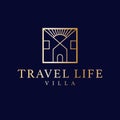 Travel life villa vector logo design. Houses and sun logotype.