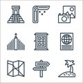 travel line icons. linear set. quality vector line set such as coconut, road, map, passport, door, church, image, pocket knife