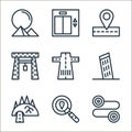 travel line icons. linear set. quality vector line set such as location, search, road, pisa, road, hangman, map, elevator