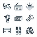 travel line icons. linear set. quality vector line set such as binoculars, beer, debit card, jellyfish, money, hot air balloon,