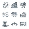 Travel line icons. linear set. quality vector line set such as bus, taxi, lighthouse, airplane ticket, cruise, mountain, shopping