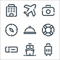 Travel line icons. linear set. quality vector line set such as luggage, ship, ticket, lifebuoy, dish, compass, camera, airplane