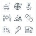 travel line icons. linear set. quality vector line set such as photos, match, house, plaster, tent, restaurant, globe, map Royalty Free Stock Photo