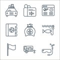 travel line icons. linear set. quality vector line set such as scuba diving, vehicle, flag, fishing, money bag, diary, flight, Royalty Free Stock Photo