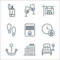 travel line icons. linear set. quality vector line set such as single bed, hotel, anchor, time, matches, footprints, hotel,