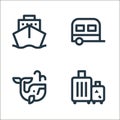 travel line icons. linear set. quality vector line set such as suitcase, whale, camper van