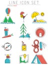 Travel line icons set. Outdoor equipment, camping