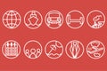 Travel line icons. White outline of a train, ship, cars, air, trains, umbrellas on a red background