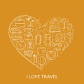 Travel line white icons in heart shape. I love travel - vector illustration concept for cover card, brochure or magazine, invitati Royalty Free Stock Photo