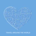 Travel line white icons in heart shape. I love travel - vector illustration concept for cover card, brochure or magazine, invitati Royalty Free Stock Photo