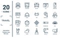 travel linear icon set. includes thin line bellhop, motorhome, polaroid, lemonade, scuba diving, crab, shell icons for report, Royalty Free Stock Photo