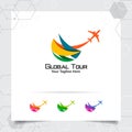 Travel logo design concept of airplane icon with globe symbol. Traveling logo vector for world tour, adventure, and holiday Royalty Free Stock Photo