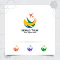 Travel logo design concept of airplane icon with globe symbol. Traveling logo vector for world tour, adventure, and holiday Royalty Free Stock Photo