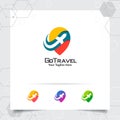 Travel logo design concept of airplane icon with pin map symbol. Traveling logo vector for world tour, adventure, and holiday Royalty Free Stock Photo