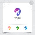 Travel logo design concept of airplane icon with pin map symbol. Traveling logo vector for world tour, adventure, and holiday Royalty Free Stock Photo