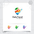 Travel logo design concept of airplane icon with pin map symbol. Traveling logo vector for world tour, adventure, and holiday Royalty Free Stock Photo