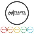 Travel logo template. Set icons in color circle buttons Royalty Free Stock Photo