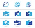 Travel logos set design. Ticket agency and tourism vector icons, airplane in bag and globe. Luggage bag logo, world tour illustrat