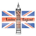 Travel London city famous building and flag. Great Britain background Royalty Free Stock Photo