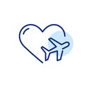 Travel love. Plane on a heart symbol. Pixel perfect, editable stroke line icon