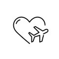 Travel love. Plane on a heart symbol. Pixel perfect, editable stroke line art icon