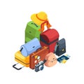 Travel luggage. Airport bags collection 3d isometric travelling pack for summer adventures garish vector set